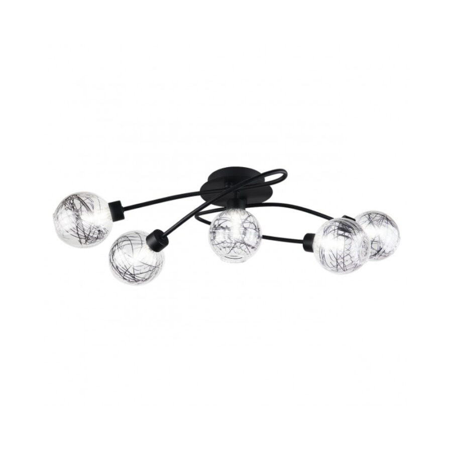 Plafón 5 luces negro tulipa cristal con alambre